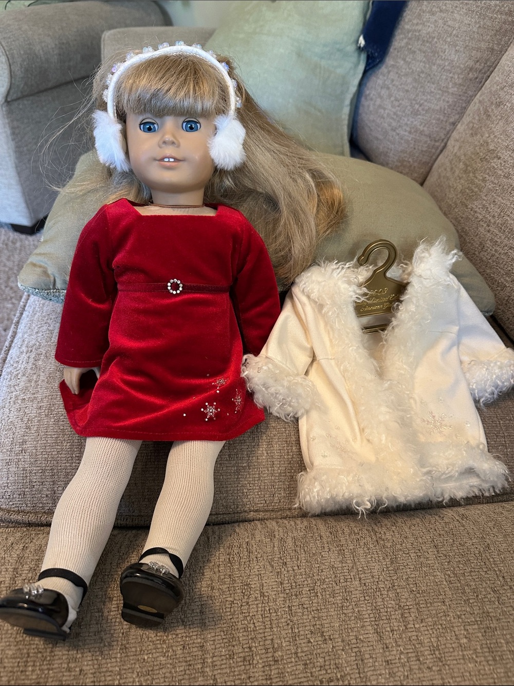 American Girl and Red Velvet limited edit Holiday Dress with White Faux-Fur Coat